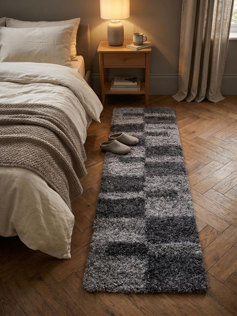 Hochflor Shaggy Kariert Weich Flauschig Waschbar Strapazierfähig | Läufer Grau 80x250 cm Wohnzimmer Schlafzimmer | WERFEN – Kadima Design