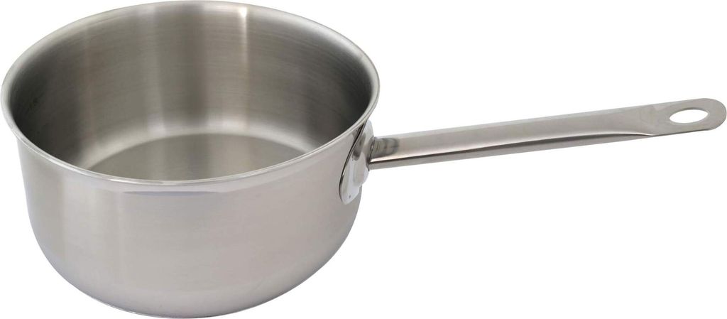 A stainless steel saucepan with a single handle is shown against a white background.