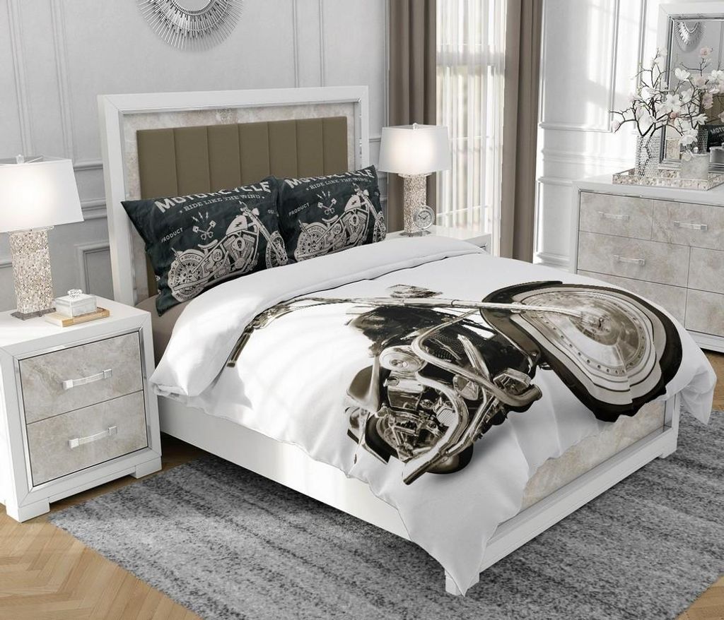 Bettwäsche 160x200 cm + 2x70x80 cm, 3-teilig, 100% Baumwolle, Satin, Reißverschluss, Motorrad, Bunt - SOVIO | So.0111