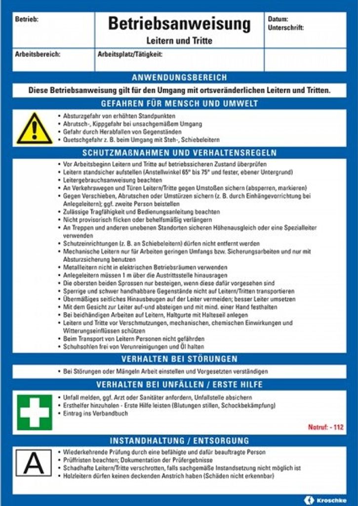 Dreifke Maschinenbetriebsanweisung Leitern und Tritte, Kunststoff, 210x297mm...
