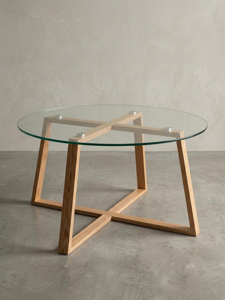 Couchtisch Eiche, Modern, Transparente Glasplatte, Überkreuztes Gestell. 78x78x41 cm | Kadima Design