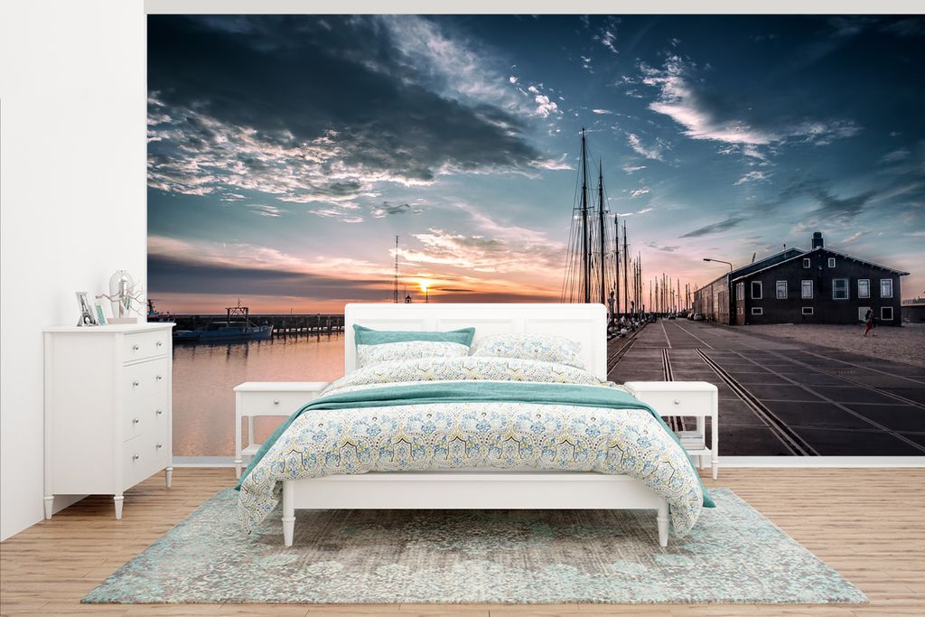 MuchoWow Fototapete für Wohnzimmer oder Schlafzimmer Wandtapete Vinyl Motivtapete Sonnenuntergang am Hafen von Harlingen in Friesland - 535x300 ...