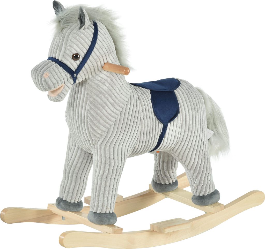 HOMCOM Kinder Schaukelpferd Baby Schaukeltier Pferd mit Tiergeräusche Spielzeug Haltegriffe für 36-72 Monate Plüsch Grau 73 x 35 x 64 cm