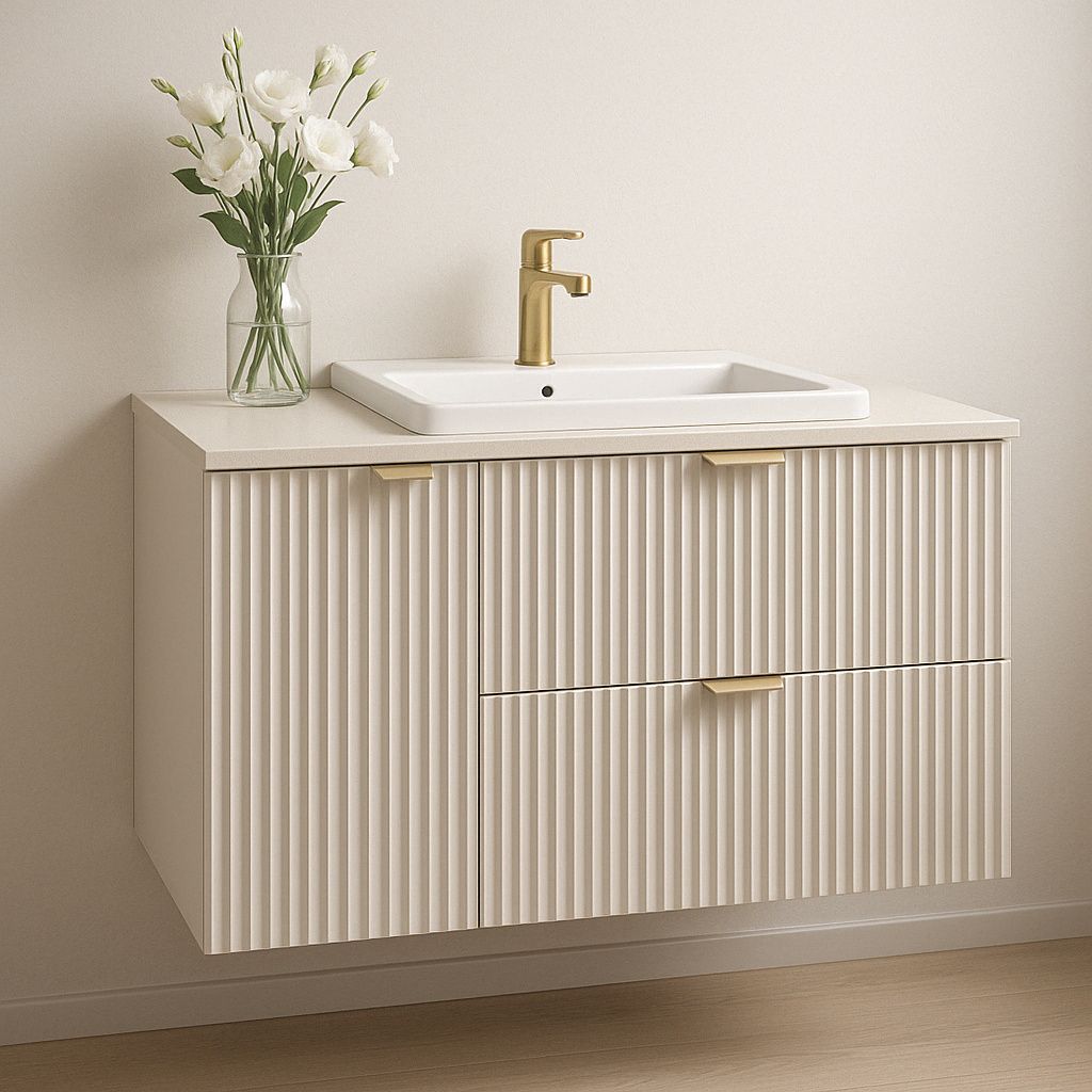 WENA Waschtischunterschrank 100 cm mit Wäschekorb, geriffelte Fronten, Griffe aus Metall in der Farbe Gold (Farbe: Kaschmir)