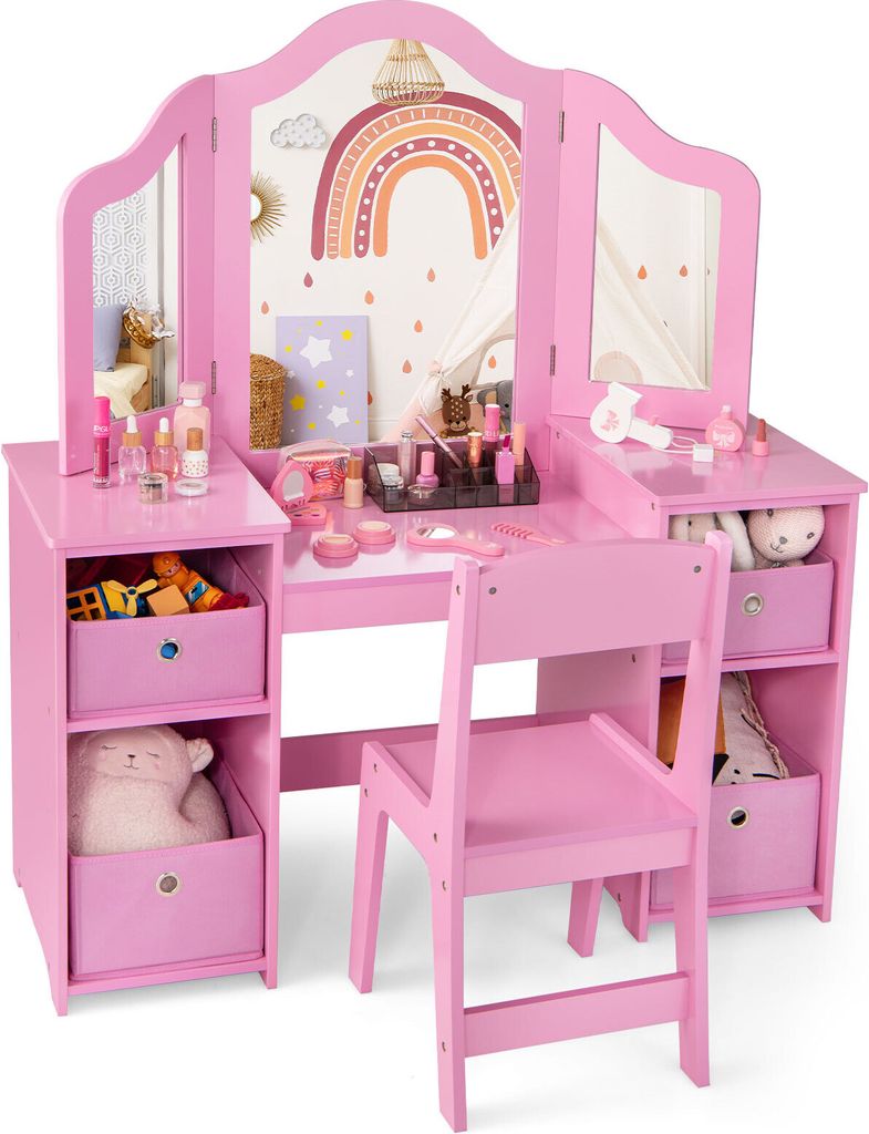 COSTWAY Kinder Schminktisch & Stuhl Set, 2-in-1 Prinzessin Spiel Schminktisch Set mit 3 Abnehmbaren Spiegeln, Rosa