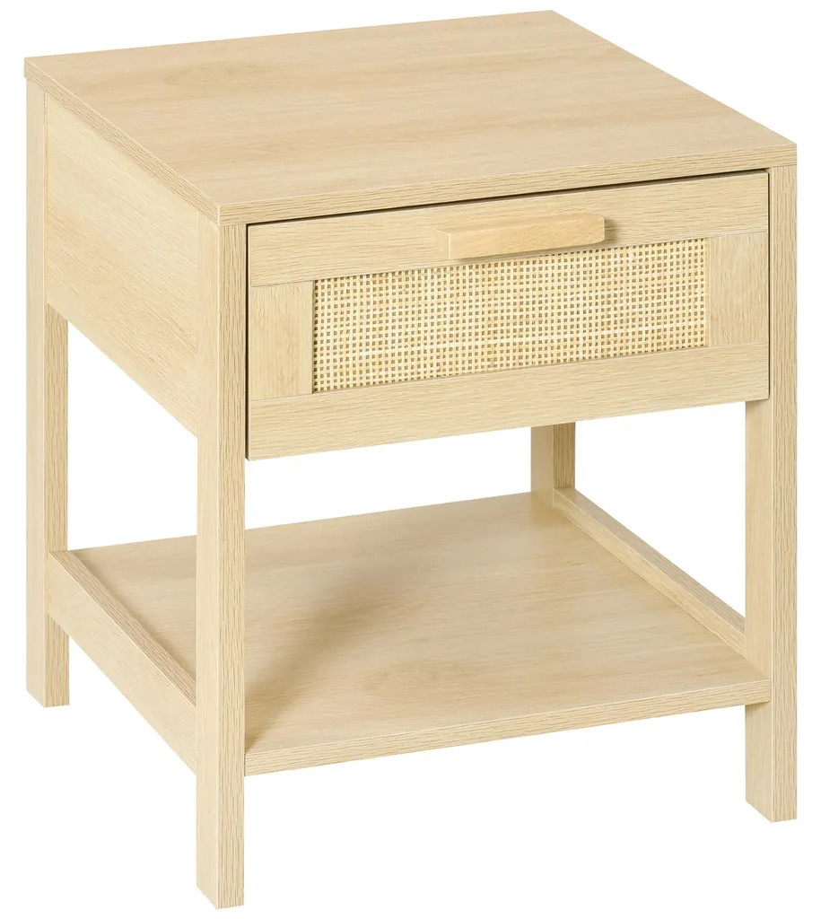 Table de chevet en rotin avec tiroir dim. 40x40x48 cm bois clair naturel