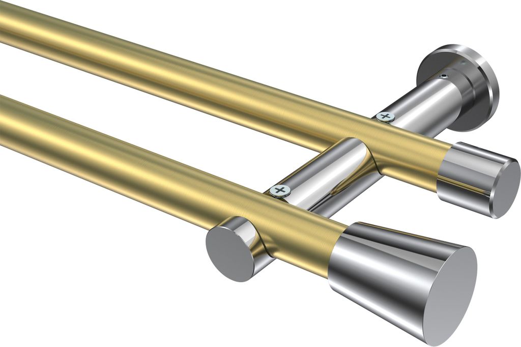 Interdeco Gardinenstange / Vorhangstange Messing-Optik / Chrom, Typ Platon Sitra (Konus) ohne Ringe, 20 mm Ø 2-läufig, 140 cm
