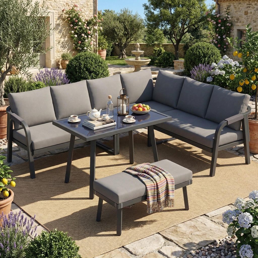 Flieks Gartenlounge-Set 8 Sitzer, Gartenmöbelset mit Bank und Kissen, Esstisch mit Glasplatte, Balkonmöbelset Gartengarnitur Essgruppe, Grau
