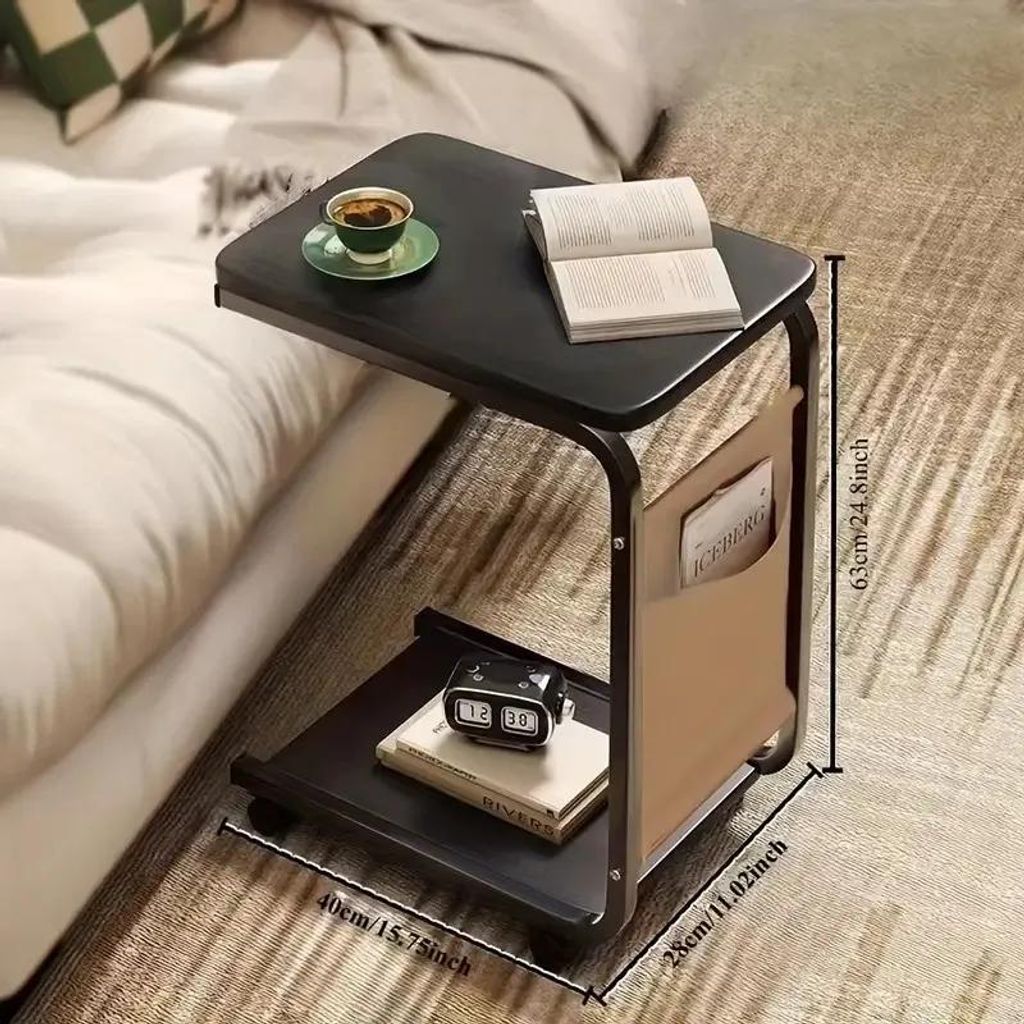 Beistelltisch auf Rollen - Couchtisch - Rechteckig, Edelstahl, Mit Stauraum, Moderner Retro-Stil - Schwarz