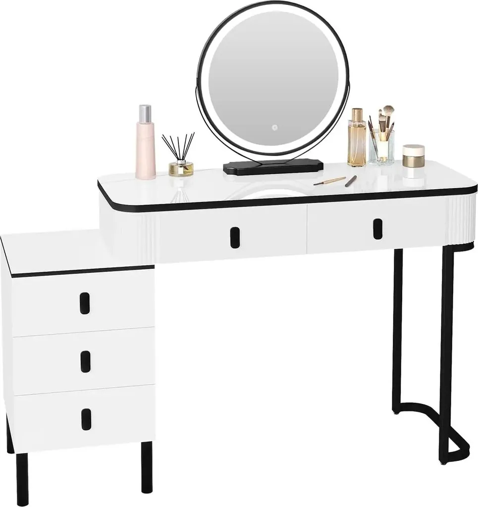 Coiffeuse blanche avec miroir pivotant 360 et 5 tiroirs pour chambre