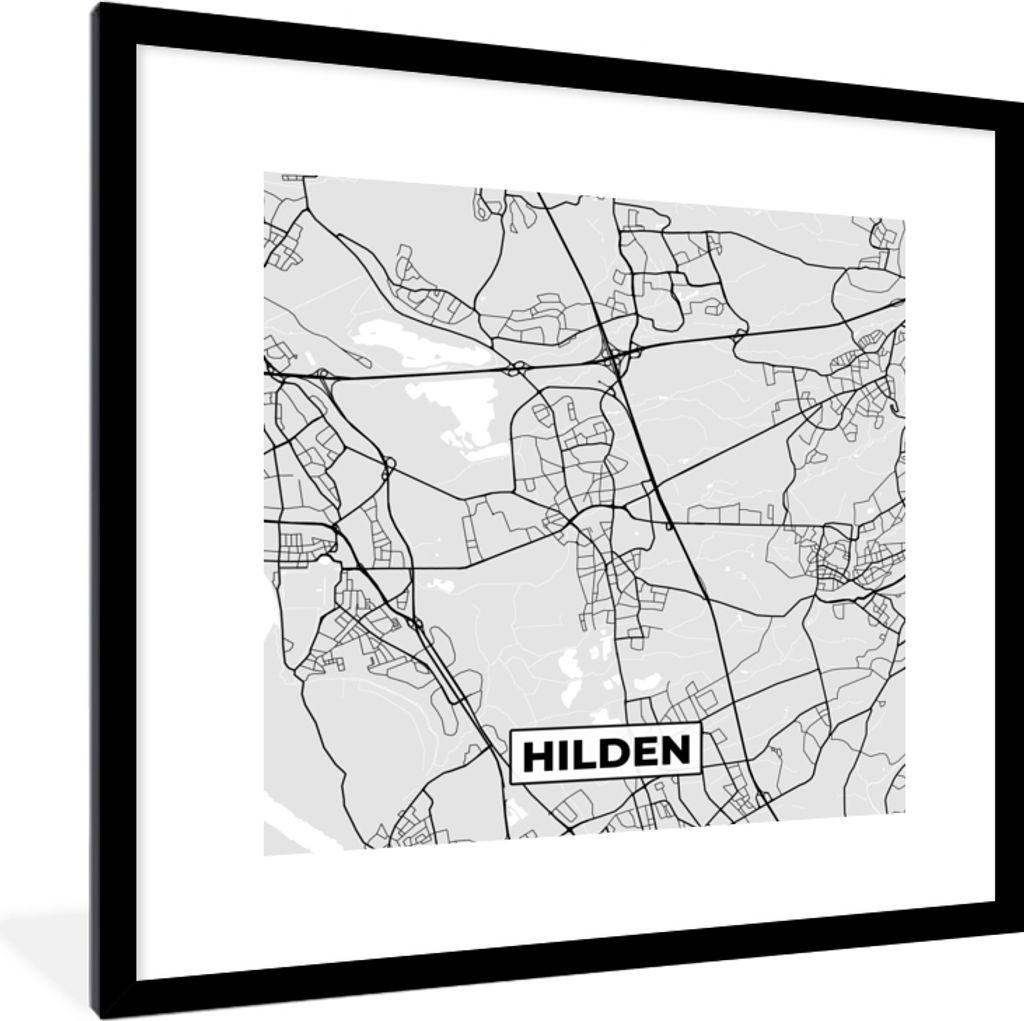 MuchoWow Gerahmtes Poster Stadtplan - Hilden - Karte - Deutschland 40x40 cm - Poster mit Schwarzem Bilderrahmen Wandposter Rahmen Foto Bilder - P...