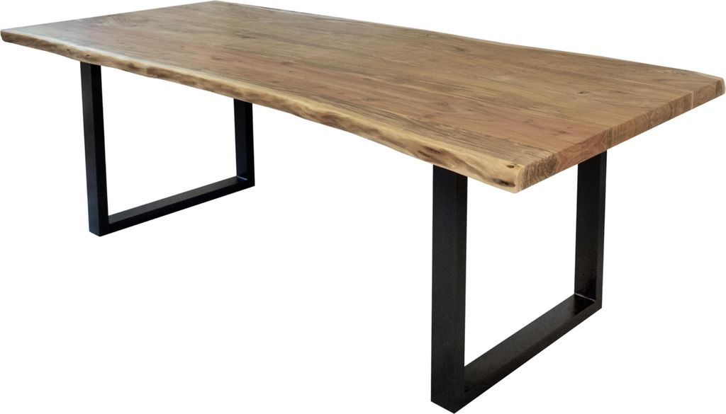 Esstisch 260 x 120 cm Cali, Baumkantentisch naturfarben, Akazienholz massiv, U-Gestell aus Metall Schwarz