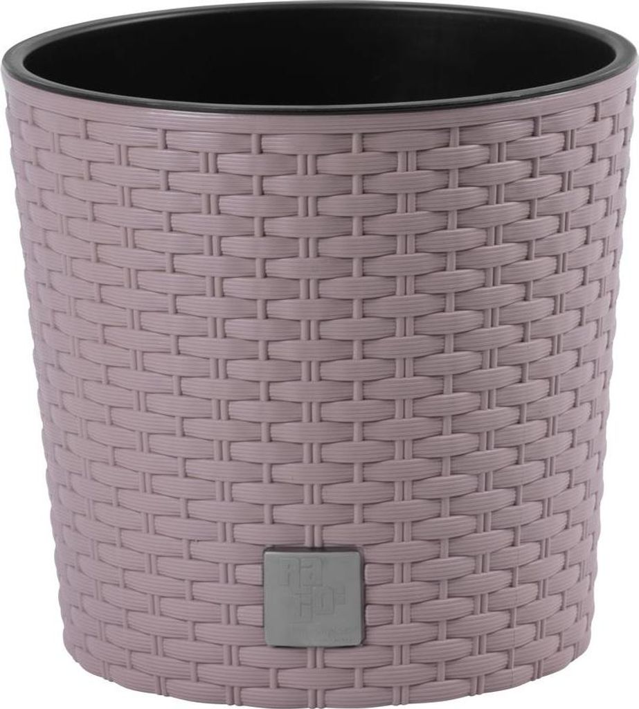A close-up studio shot of a pink woven plant pot with a black interior.