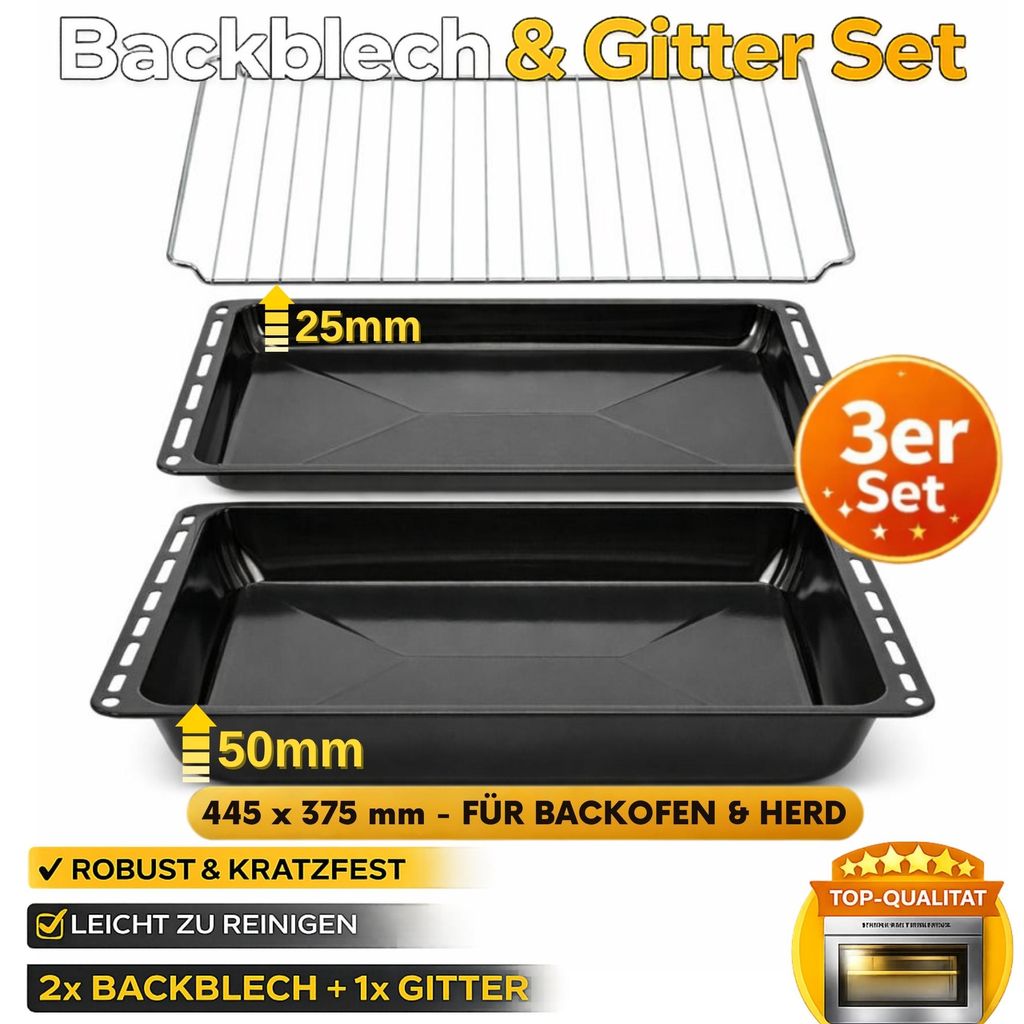 ICQN Fettpfanne 445 x 375 mm 25 und 50 mm, 2er Emailliert Backbleche Set und Verchromt Backofenrost, Kratzfest & Rostfrei, Passend für Whirlpool, ...