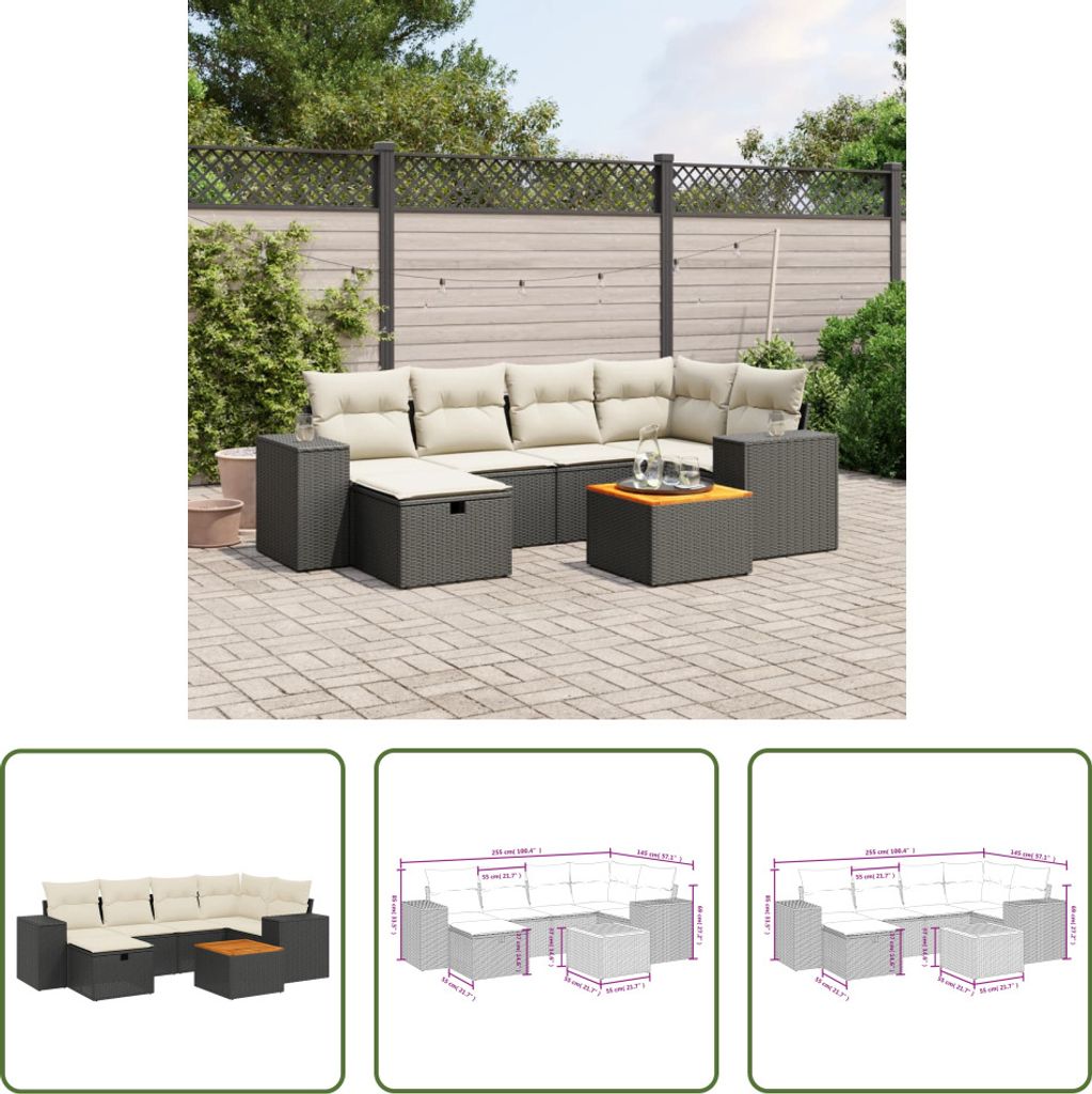 The Living Store 7-tlg. Garten-Sofagarnitur mit Kissen Schwarz Poly Rattan