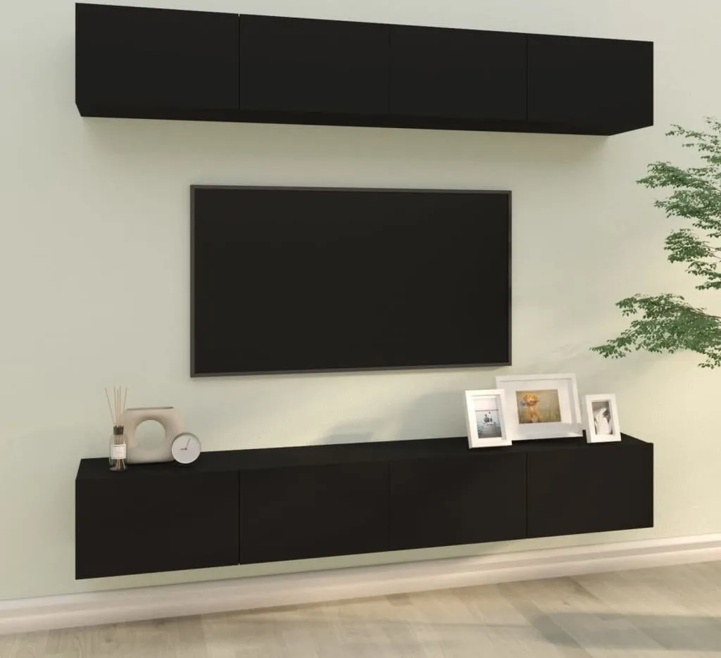 Meuble TV Suspendu Noir - Ensemble de 4 Unités Murales 100x30 cm
