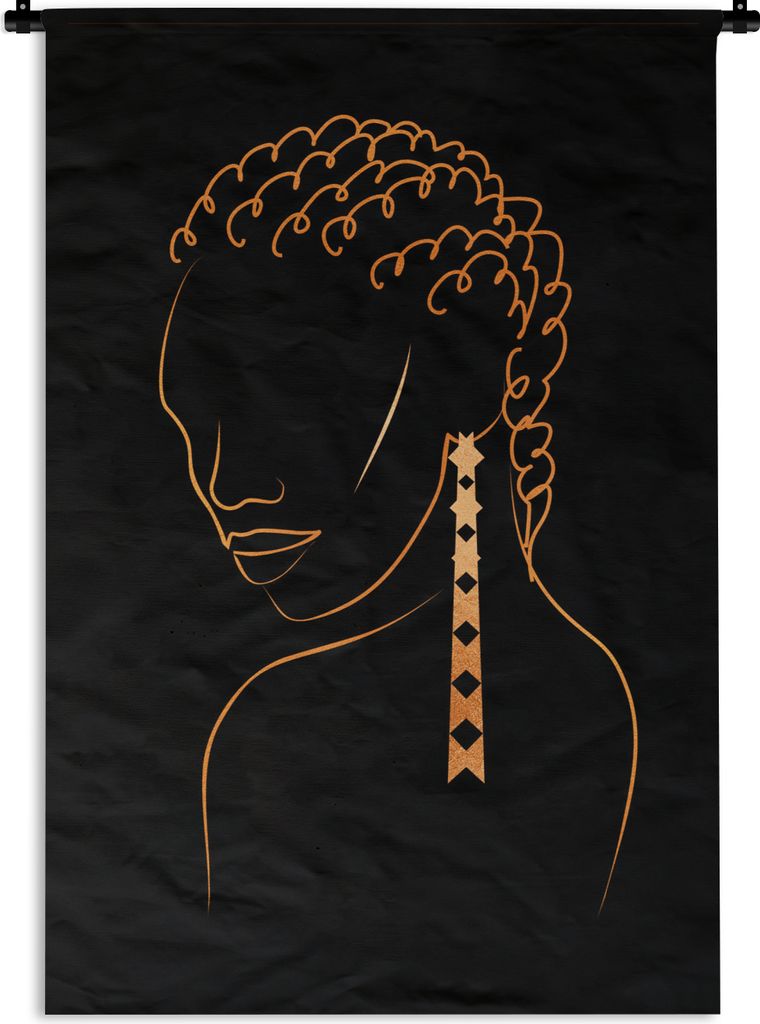 MuchoWow Wandteppich Wandbehang Frau - Gold - Ohrring - Strichzeichnung 90x135 cm Tapisserie Dekoration Wandtuch - Baumwolle - Wandskulptur