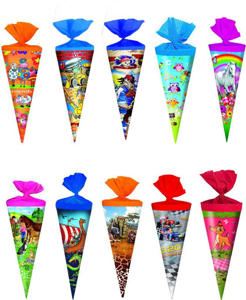 10x Schultüte / Zuckertüte / Länge: 25cm / rund / 10 verschiedene Motive