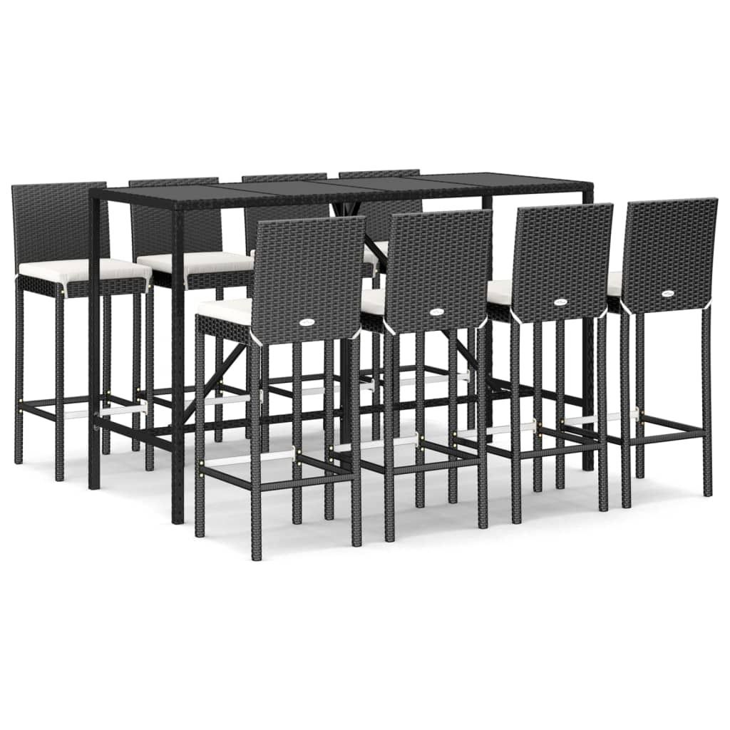 9-tlg. Gartenbar-Set mit Kissen Schwarz Poly Rattan