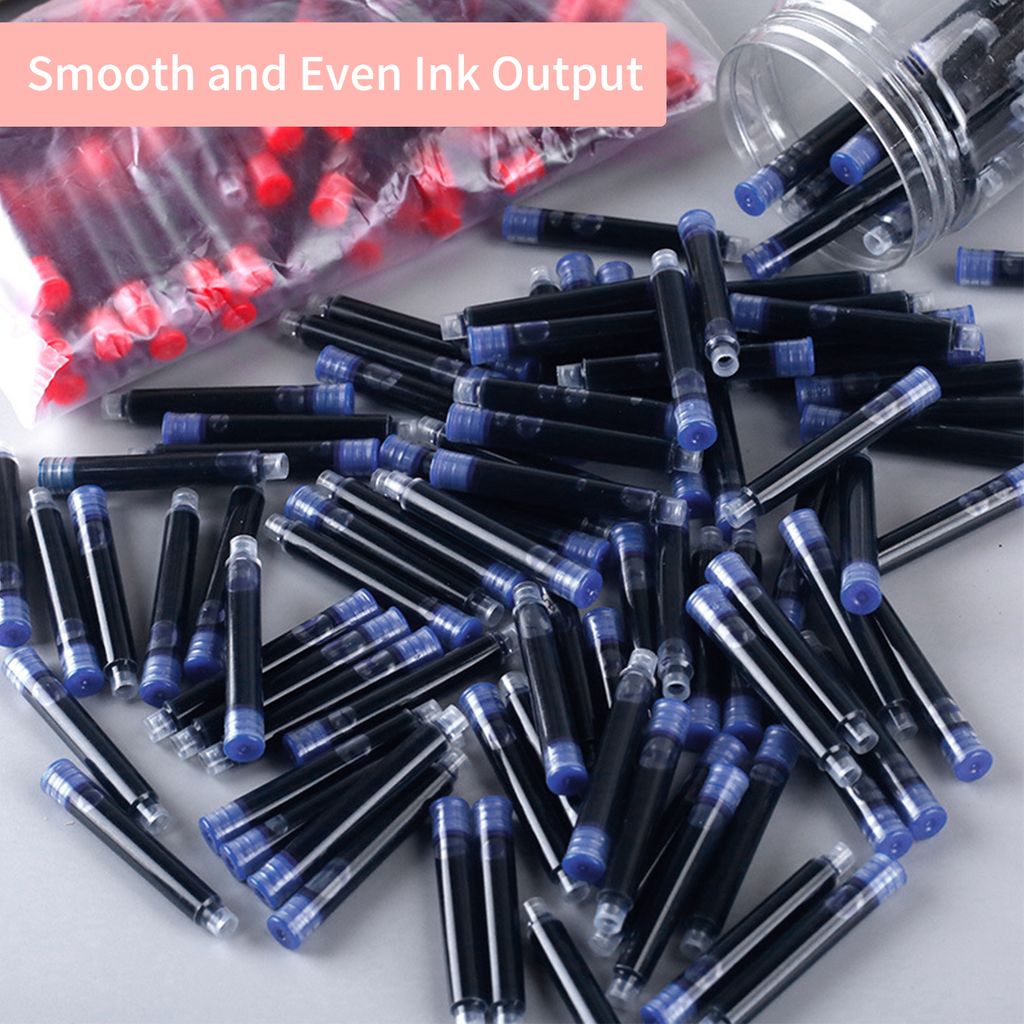A pile of black ink cartridges with blue caps, some are in a clear plastic bag with red caps visible.