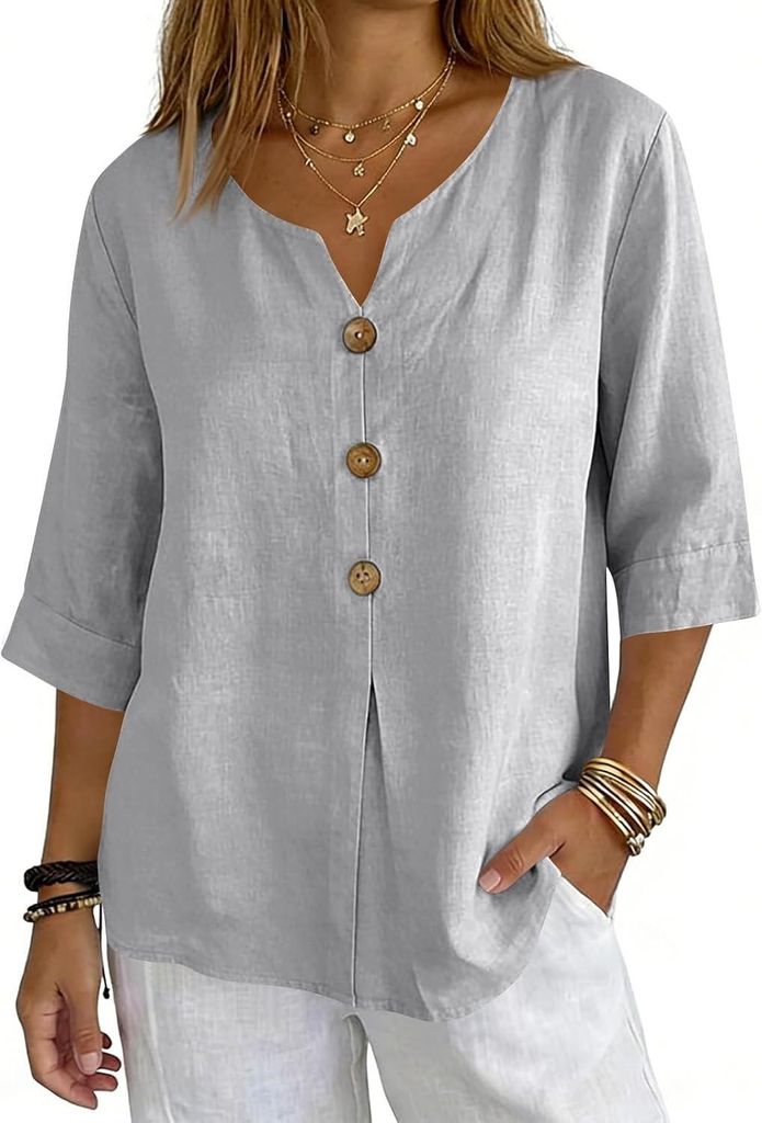 ASKSA Musselin Bluse Damen 3/4 aermel Sommerbluse Oversized Elegant V-Ausschnitt Tshirts Hawaii Hemd Leichte Kurzarm Bluse Top (Hellgrau,XXL)