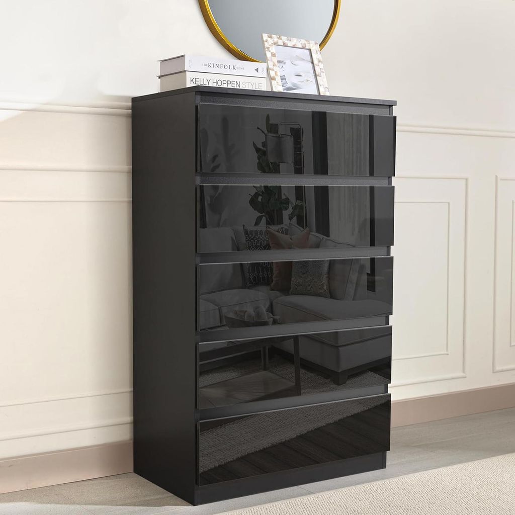 Sideboard Kenji 5 Schubladen Hochglanz Schwarz Produktbild 
