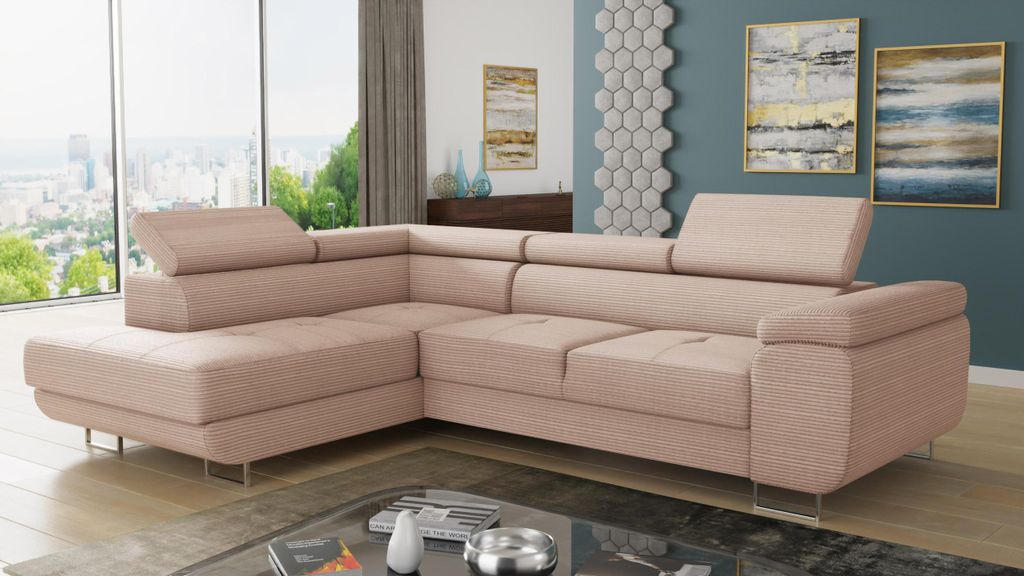 Ecksofa Caris mit Schlaffunktion und einstellbare Kopfstützen, Cord Stoff, Wohnlandschaft mit Bettkasten, Couch, Sofa, Bettsofa (Pink (Poso 052), ...