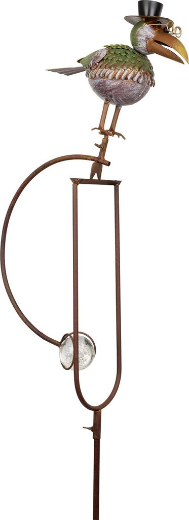 Dekorativer Metall-Gartenstecker Vogel grün mit Zylinder und Brille - lustige Tierfigur mit Gegengewicht - 141 cm hoch - schwingende Gartendeko f...