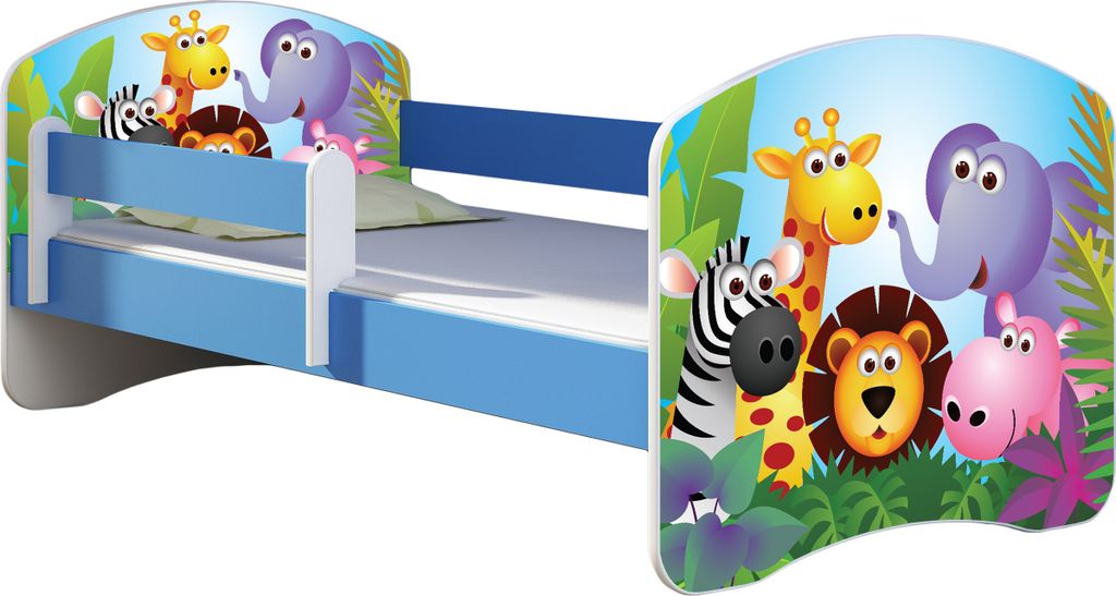 ACMA Jugendbett Kinderbett Junior-Bett Komplett-Set mit Matratze Lattenrost und Rausfallschutz Blau 01 Zoo 160x80