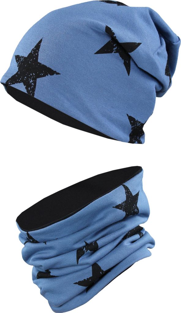 TupTam Uni Kinder Beanie Mütze Schlauchschal Set, Farbe: Sterne Schwarz / Jeans, Größe: 50-52