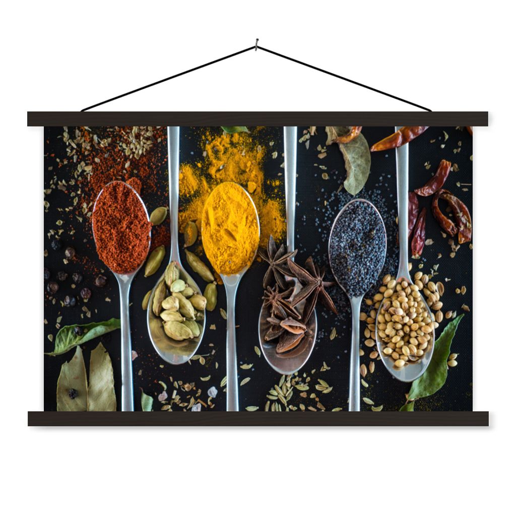 MuchoWow Textilposter Löffel - Gewürze - Kräuter - Essen - Tisch 120x80 cm mit schwarzem Rahmen - Wanddeko