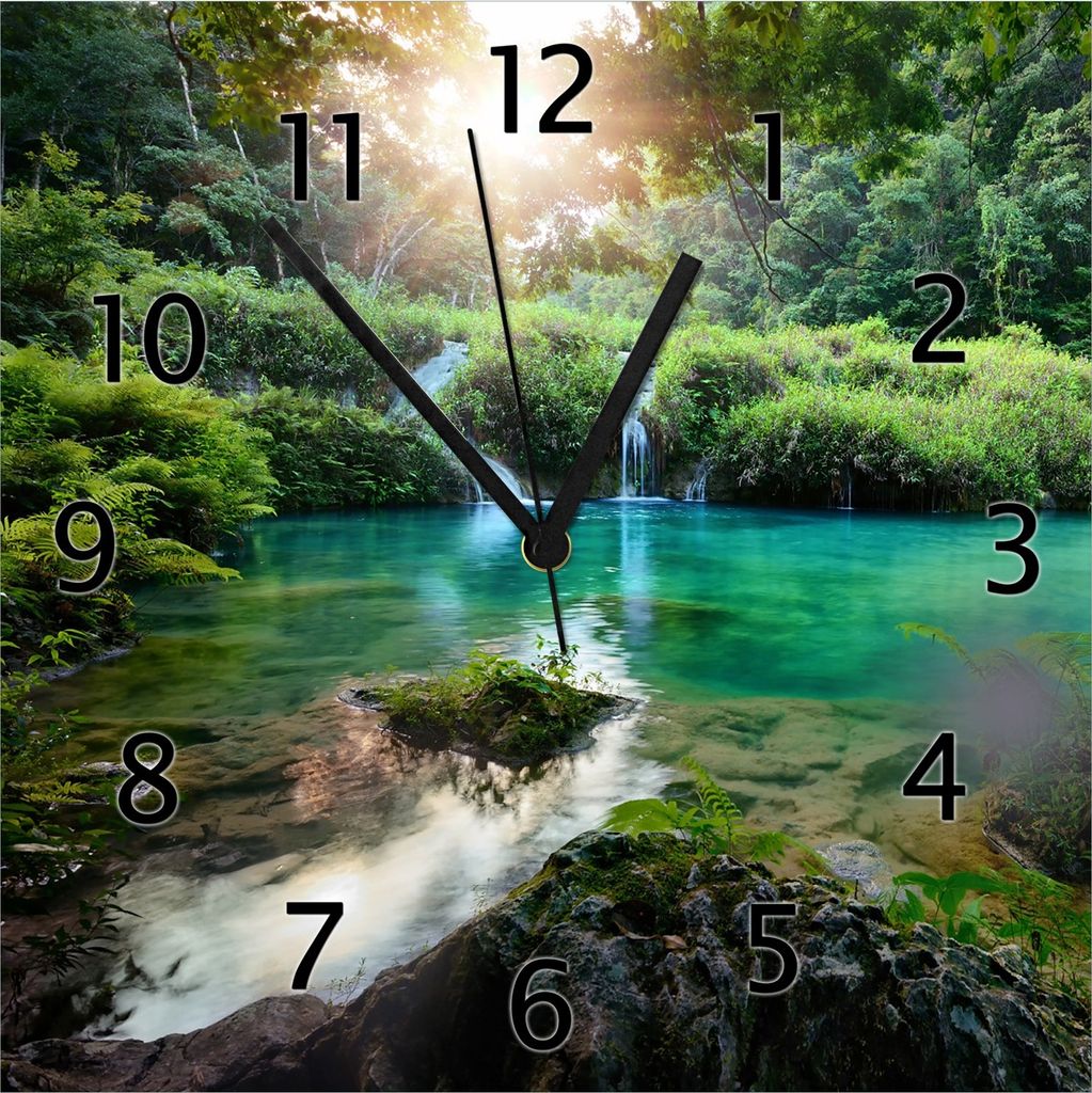 Wallario Design Wanduhr Türkisgrüner See im Nationalpark in Guatemala aus Echtglas, Größe 30 x 30 cm