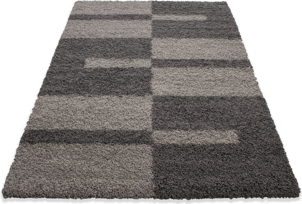 Teppich Wohnzimmer Hochflor Taupe 140x200 Rechteck Kariertes Design aus Polypropylen
