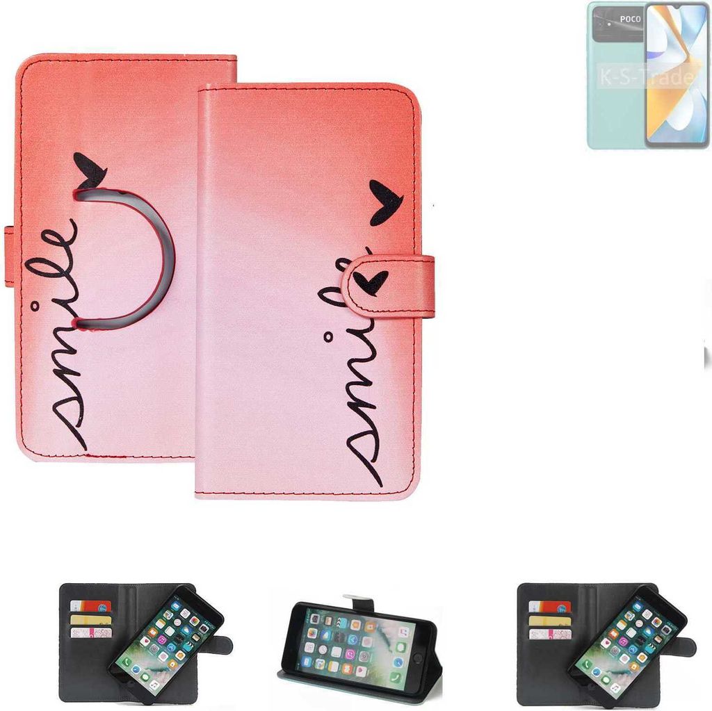K-S-Trade Schutzhülle Handyhülle kompatibel mit POCO C40 Hülle cover bookstyle Etui ''smile'' rot Standfunktion Kameraschutz (1Stk)