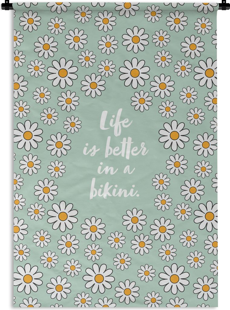 MuchoWow Wandteppich Wandbehang Das Leben ist besser im Bikini - Blumen - Grün - Zitat 120x180 cm Tapisserie Dekoration Wandtuch - Schlafzimmer ...