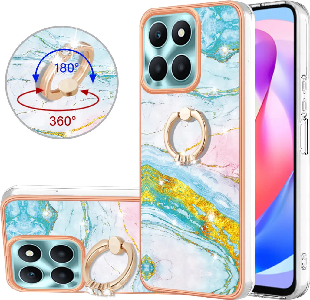 Custodia in marmo per Honor X6a, custodia protettiva in silicone TPU con supporto ad anello blu