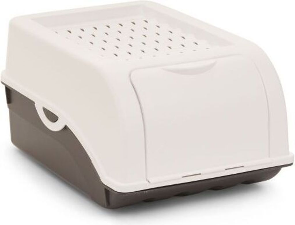 A closed litter box with a top entrance and a hinged door on the front.