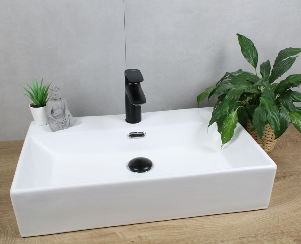 Waschbecken eckig 600x360x130 weiß mit Überlauf Produktbild 