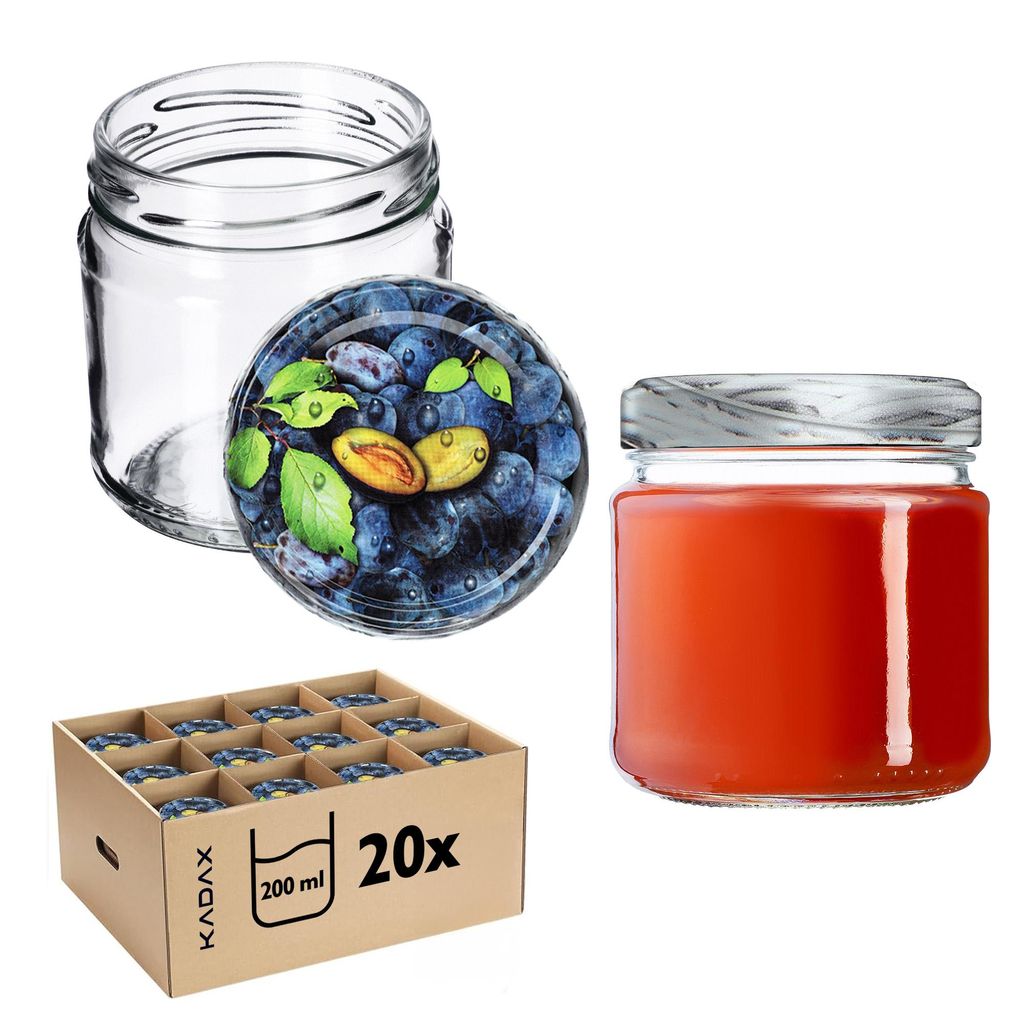 KADAX Einmachgläser mit Deckel "Lerma", Einweckgläser, 200 ml, Deckel mit Pflaumenmuster, 20 Stück