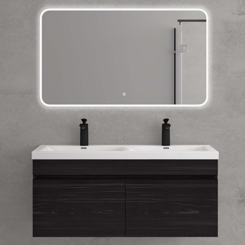 Mai & Mai Badmöbelset Waschbeckenunterschrank 120x48x55cm Doppelwaschbecken LED-Spiegel und Unterschrank Schwarz Strukturiert Botanica