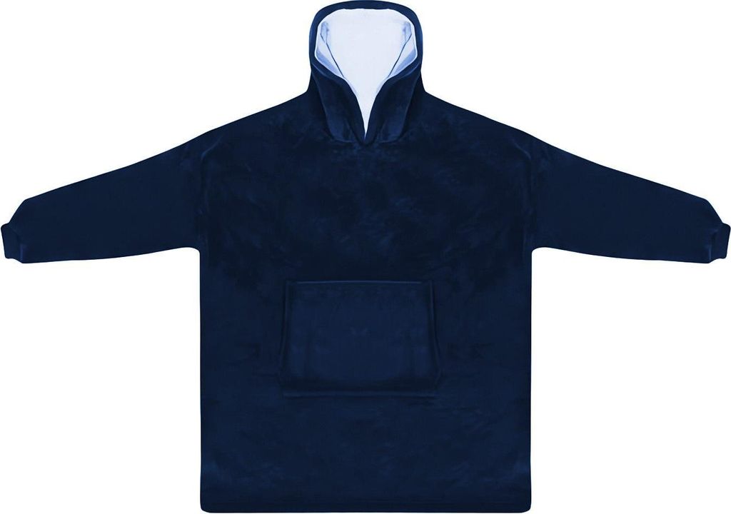 A dark blue hooded blanket with sleeves, laid flat against a white background.