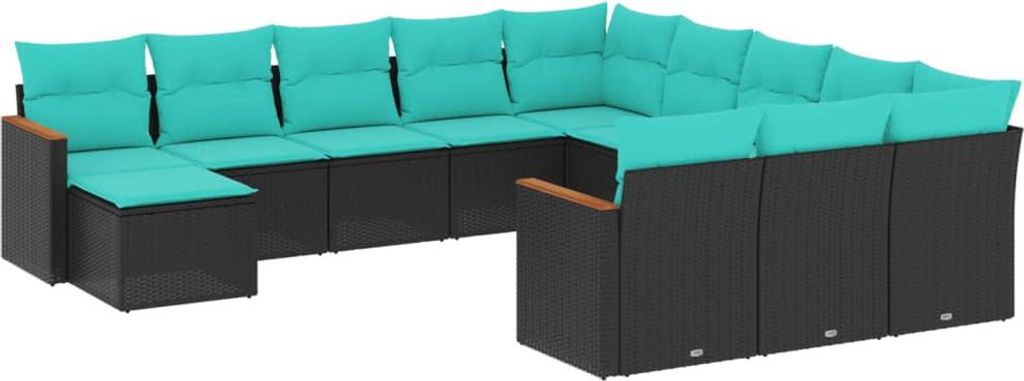 12-teiliges Gartensofa-Set mit Kissen, schwarzes Polyrattan