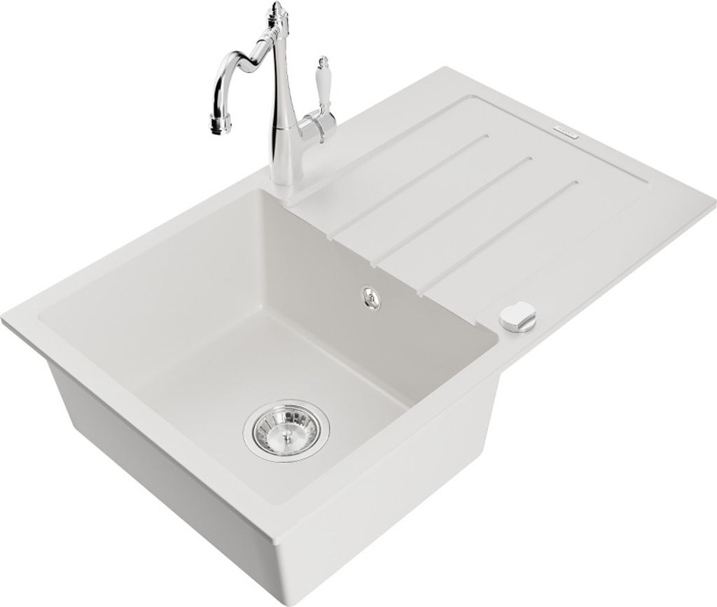 Mexen Bruno 1 Becken-Granitspüle mit Abtropffläche und Mischbatterie Carla, Weiß - 6513-20-670700-00