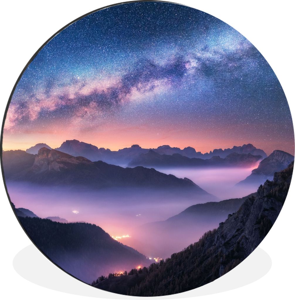 MuchoWow Aluminium Wandkreis Berge - Sternenhimmel - Nebel Ø 60 cm Wanddeko Modern Wohnzimmer - Wand Kreis - Wandbild - Schlafzimmer - Aluminium...