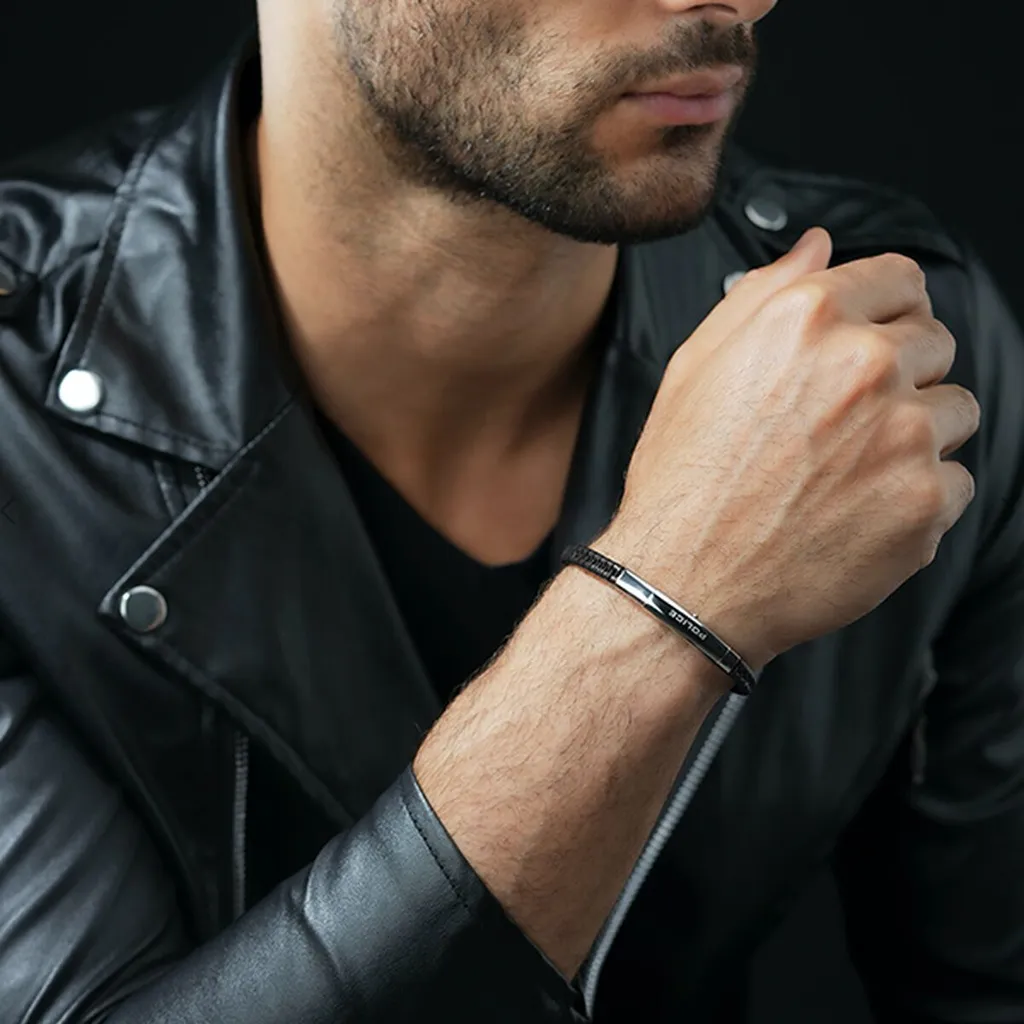 Bracelet Homme Police en Cuir Véritable et Acier Gris Anthracite