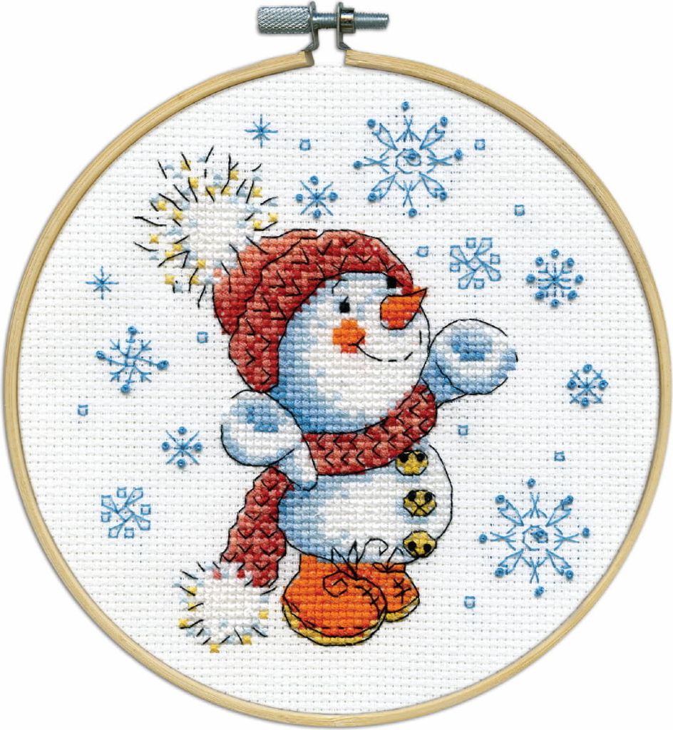 Design Works Kreuzstich Stickpackung mit Stickrahmen "Schneemann", Zählmuster, Diam. 15cm