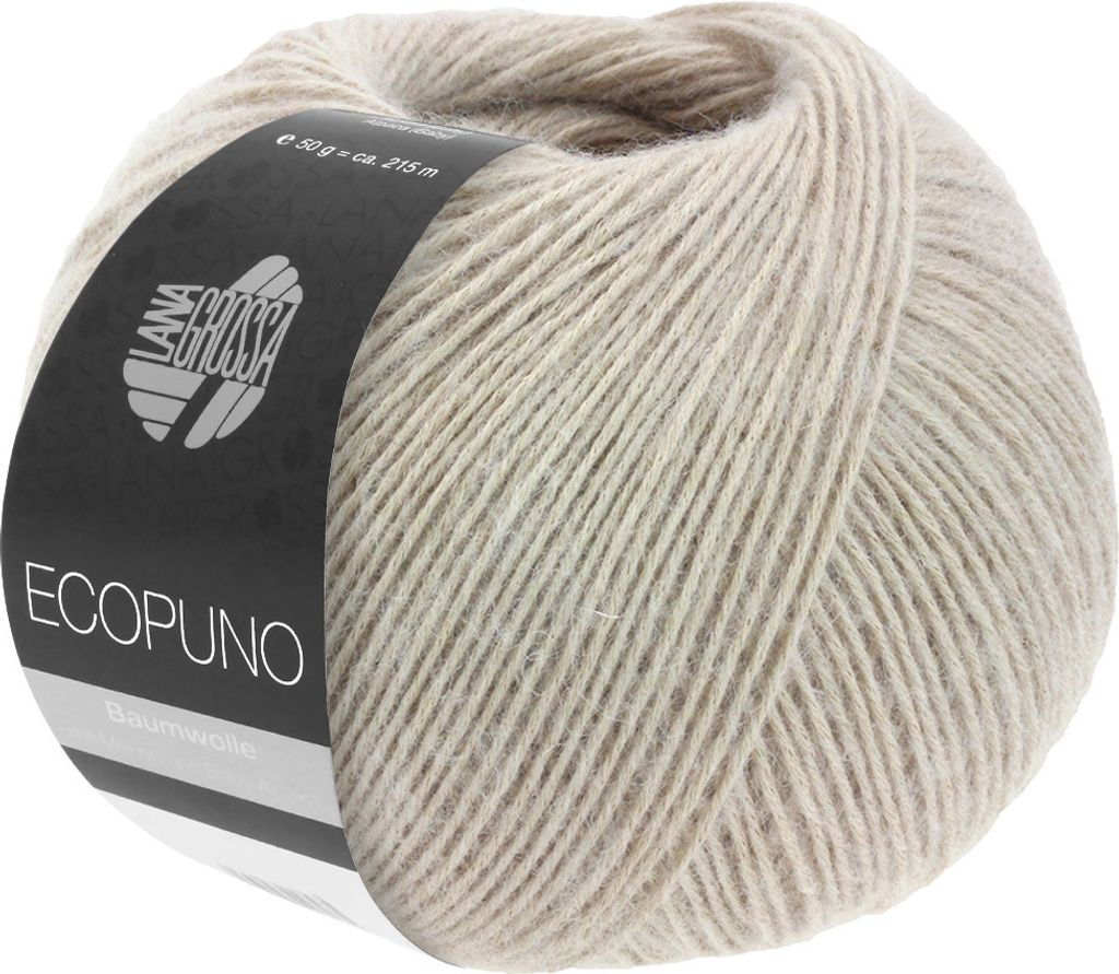 A ball of beige yarn with a black label.