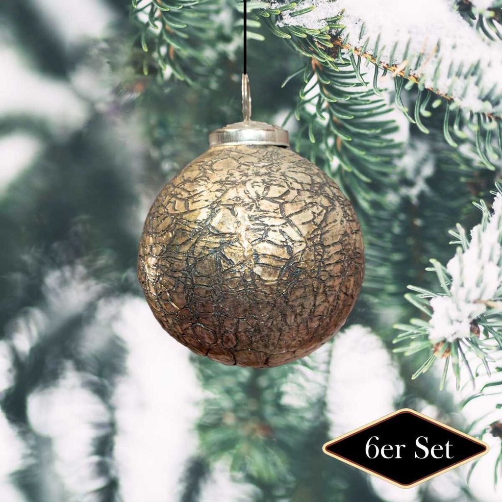 Christbaumkugeln, Krakeliertes/frozen Glas, goldbraun, Weihnachten, 6er Set
