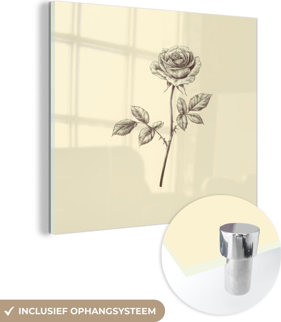 MuchoWow Glasbilder - Bilder auf Wandbild - Foto auf Glas Illustration - Schwarz - Rose 40x40 cm Wanddekoration aus Glas - Acrylglasbild - Acrylbilder