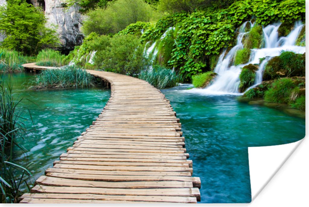 MuchoWow Poster Brücke - Wasser - Pflanzen - Wasserfall - Grün 30x20 cm - Plakate - Print